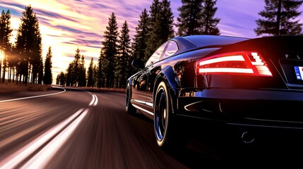 Naklejka premium Luxury sports car driving on a winding road surrounded by tall trees at sunset