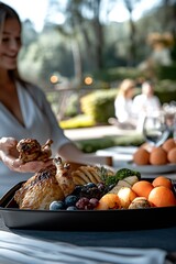 Naklejka premium Elegant Outdoor Dining Experience Featuring Gourmet Dishes in Beautiful Natural Setting : Generative AI