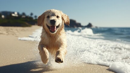 Playful Golden Retriever Puppy Joyfully Running on a Sandy Beach by the Ocean : Generative AI