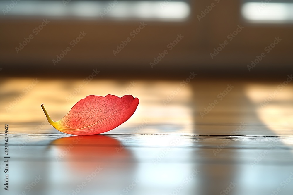 Poster Delicate Single Red Petal on Wooden Floor with Soft Sunlight Reflection : Generative AI