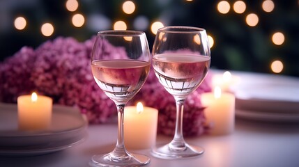 Romantic Dinner Setting with Two Wine Glasses and Lit Candles on Elegant Table : Generative AI