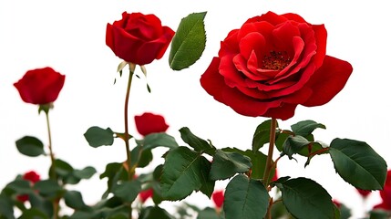 Obraz premium Vibrant red roses with lush green leaves on a white background : Generative AI