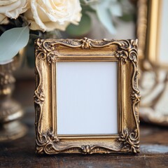 Frame mockup photo, ornate vintage frame, natural light