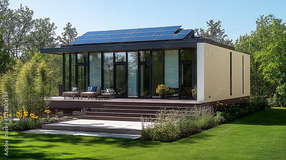 Poster contemporary solar-powered house with large windows and garden in a scenic setting : generative ai