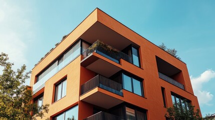 Obraz premium Modern Orange Apartment Building Under a Clear Sky