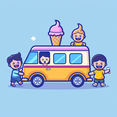 Ice cream truck with children happily enjoying ice cream treats together