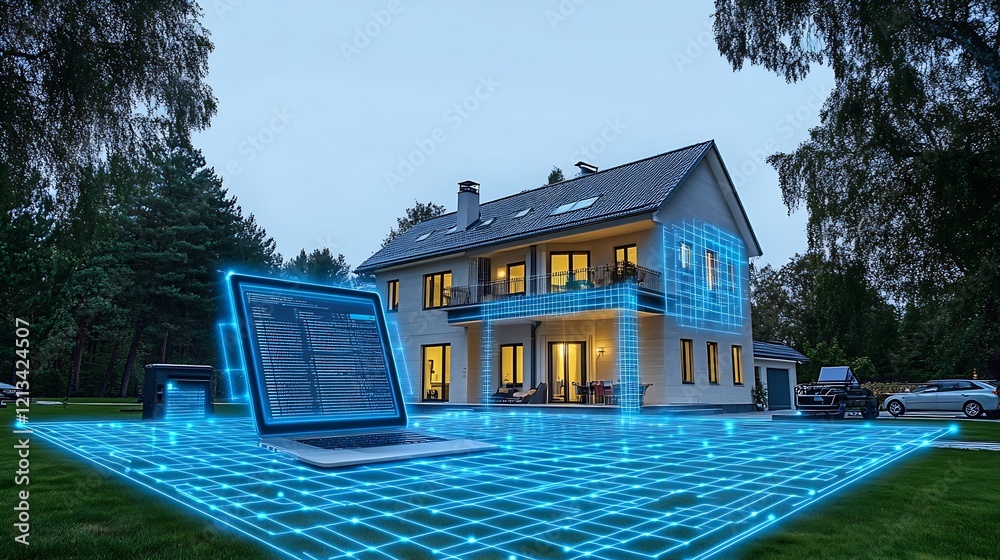 Aufkleber digital blueprints of a modern house with integrated smart technology systems : generative ai
