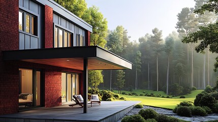 Contemporary Brick Residence with Forest Panorama and Sunlit Deck : Generative AI