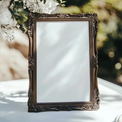 Frame mockup photo, ornate vintage frame, natural light