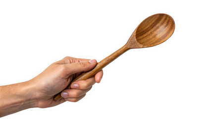A close-up of a male hand holding a wooden spoon, showcasing its smooth texture and natural finish.