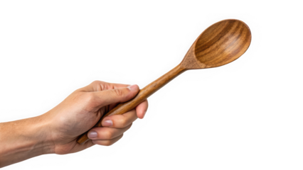 A close-up of a male hand holding a wooden spoon, showcasing its smooth texture and natural finish.