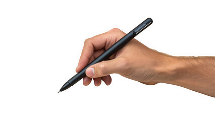 A close-up of a male hand holding a sleek black pen, ready to write on a blank surface.