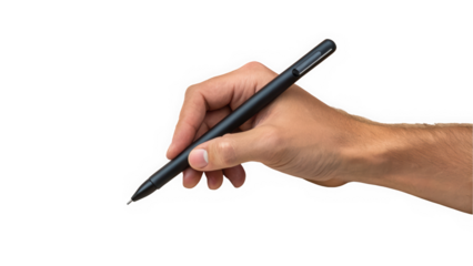 A close-up of a male hand holding a sleek black pen, ready to write on a blank surface.