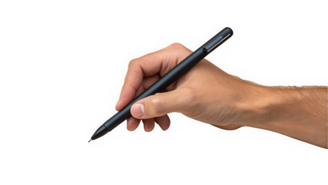 A close-up of a male hand holding a sleek black pen, ready to write on a blank surface.
