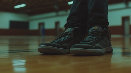 Dark Sneakers on a Polished Wooden Floor