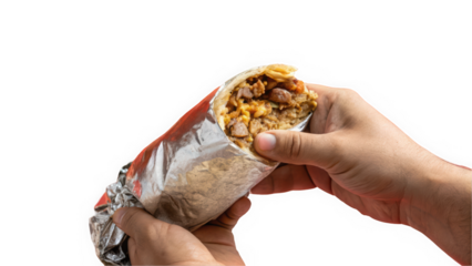 A close-up of a hand holding a savory burrito filled with meat and rice, wrapped in foil, showcasing a delicious meal.