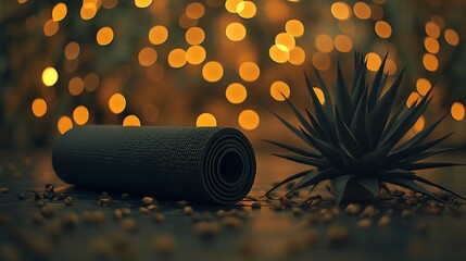 Yoga mat and succulent plant with bokeh background