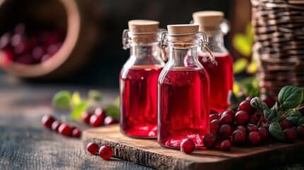Bottles of Red Berry Syrup with Fresh Berries