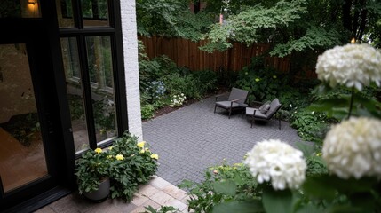 Modern backyard patio with plants and chairs
