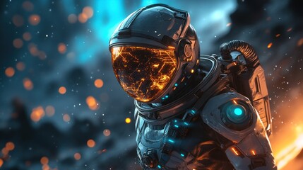 Astronaut in a Futuristic Spacesuit, Glowing Helmet,  Cosmic Background