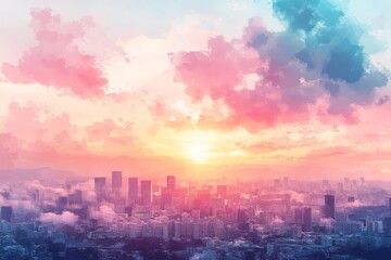 Pastel sky with clouds and distant cityscape watercolor background for anime or manga, dreamy sunset hues.