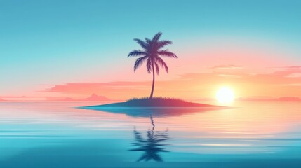Fototapeta premium Lonely palm tree on a small island at sunset, reflecting in calm water.