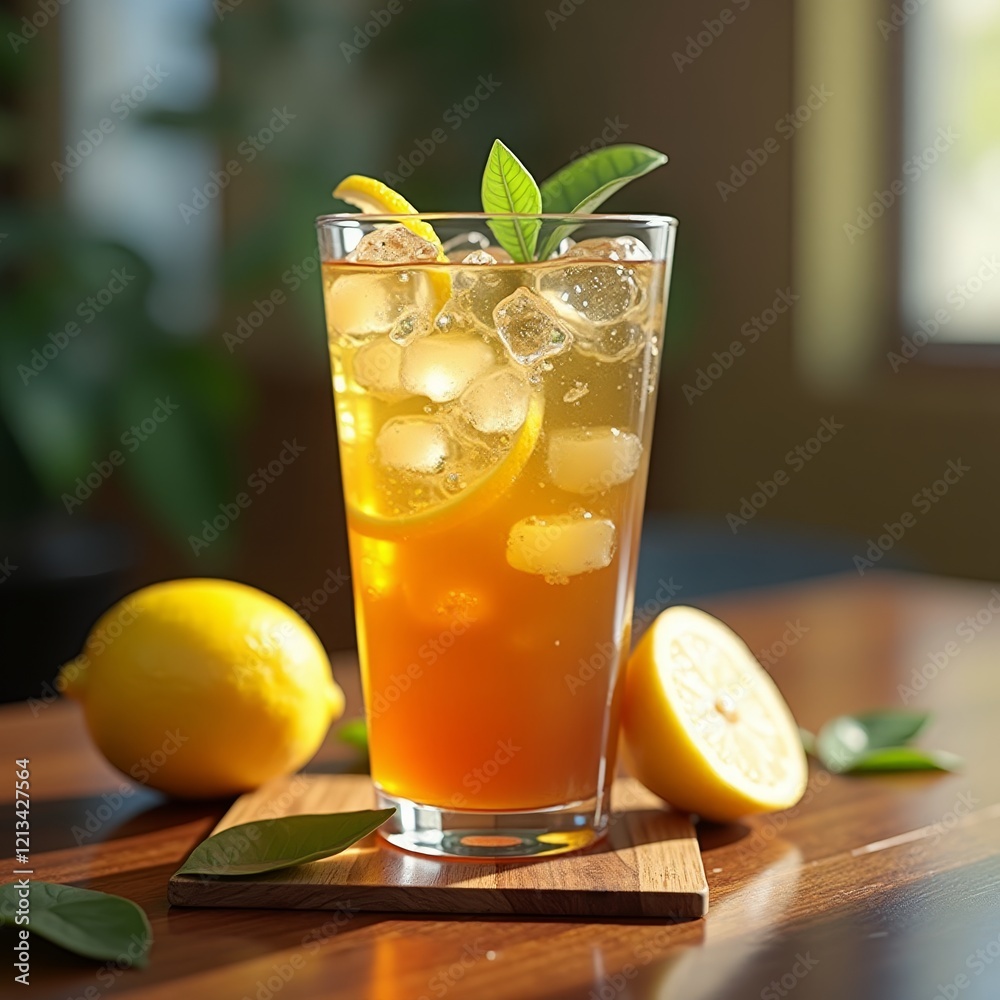 Wall mural A refreshing glass of iced tea with lemon slices and a sprig of mint