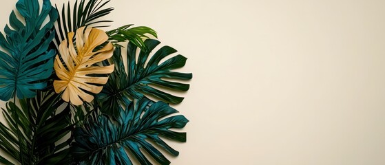 Naklejka premium Tropical Leaf Border Beige Background Elegant Design Floral Arrangement Nature Phot