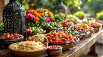 Obraz premium Outdoor garden party buffet; diverse salads, vibrant flowers