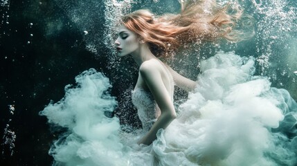 Fototapeta premium Underwater portrait of a woman in flowing fabric