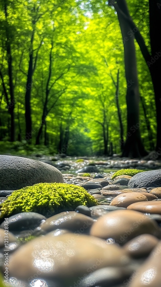 Aufkleber serene forest stream with moss-covered rocks under canopy of green leaves : generative ai