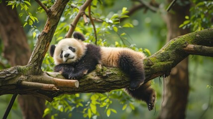 Obraz premium Panda Bear Sleeping on a Tree Branch, AI generated image