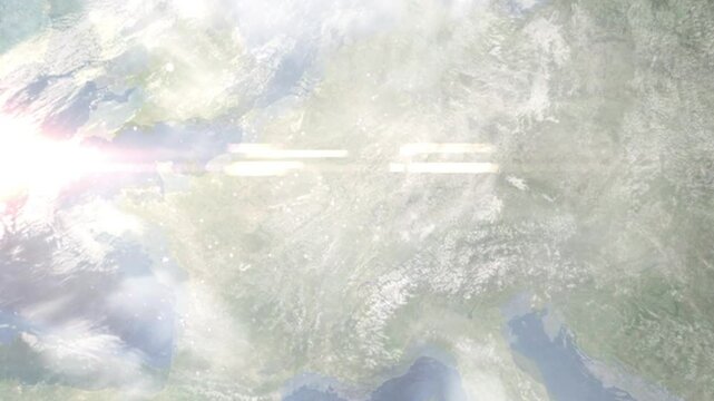 Earth zoom in from space and focus on Nancy, France. Background for travel blog or intro. Satellite view. 3D style animation. Images from NASA.