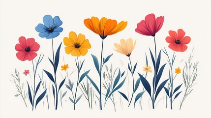 Colorful floral arrangement of various flowers and plants on white background.