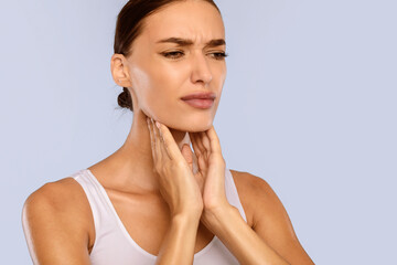 Healthcare, Cold Symptoms and Medicine Concept. Portrait of unhappy sad sick woman suffering from...