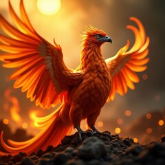 Fototapeta premium A majestic mythical bird, rising from ashes, with fiery plumage and wings outstretched