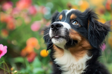 Obraz premium cute puppy portraits, a young bernese mountain dog sits in a garden, wearing a playful smile with its head tilted