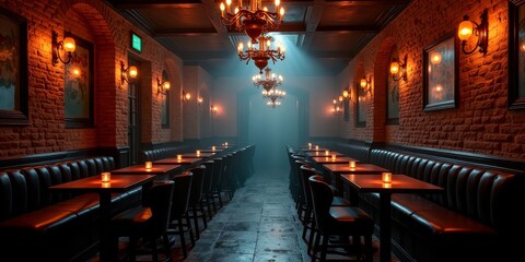 A dimly lit, atmospheric bar with a vintage aesthetic