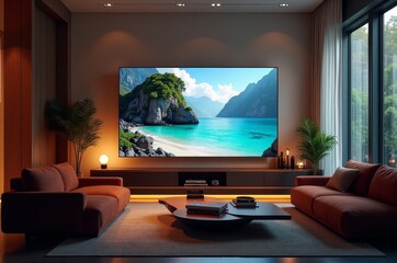 Fototapeta premium A living room with a large TV and a couch