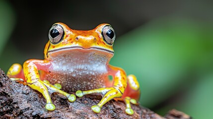 Fototapeta premium Vibrant orange frog on rainforest log, closeup. Nature, wildlife photography for websites