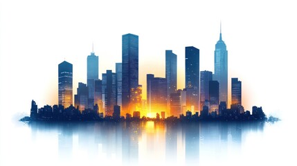 Obraz premium Cityscape silhouette at sunrise with reflection.