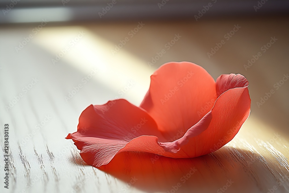 Poster close-up of red petal with sunlight highlighting texture on wooden surface : generative ai