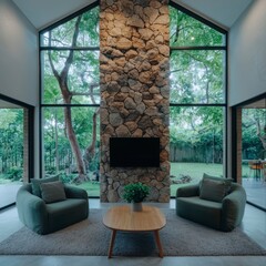 Fototapeta premium Modern Living Room Stone Fireplace Green Armchairs Large Windows Garden View