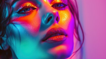 Beautiful female model in bright colorful neon lights posing in studio, AI generated image