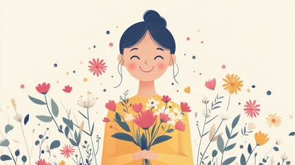 Fototapeta premium Happy woman holding a bouquet of flowers.