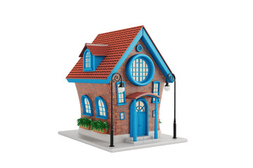 Cute Cartoon Stylized Red Brick House. 3d Rendering