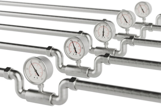Row of Pipelines with Pressure Gauges. 3d Rendering