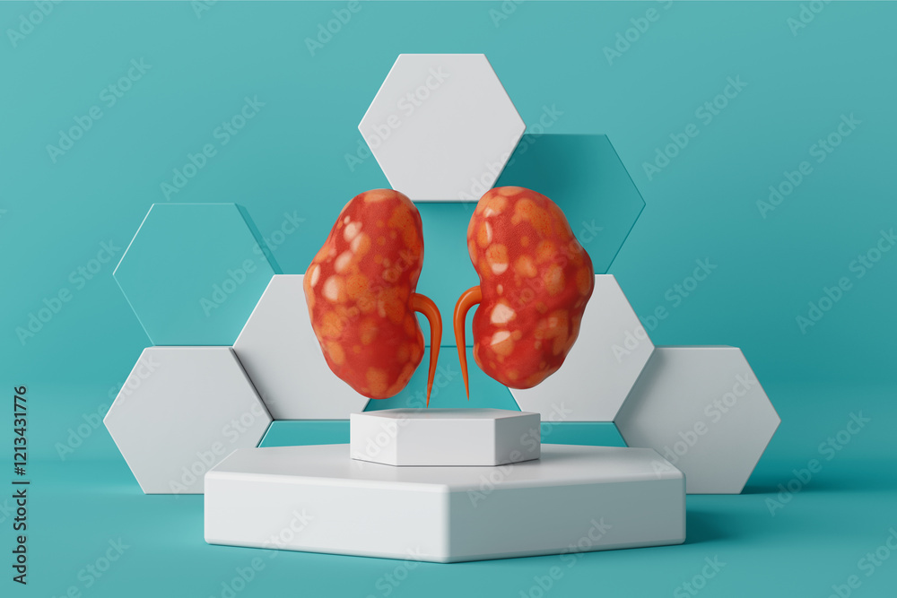Aufkleber abstract human kidneys anatomy structure on a podium. 3d rendering