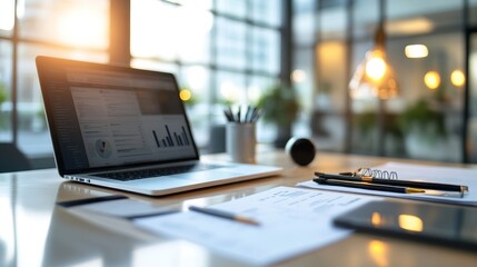 Laptop displaying data analytics on a modern office desk.