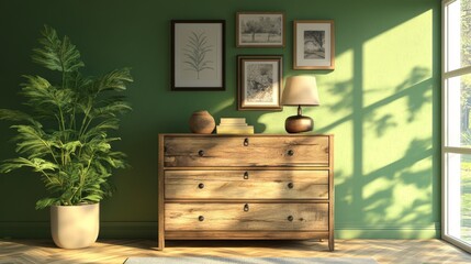 20.A chic, modern room featuring a wooden chest of drawers, a decorative lamp, and framed pictures on a lush green wall. The chest of drawers offers practical storage and a rustic charm, while the